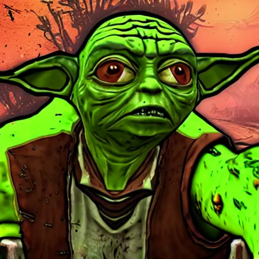 Image similar to zombie yoda, yoda as a zombie, in borderlands 2, zombified, scary