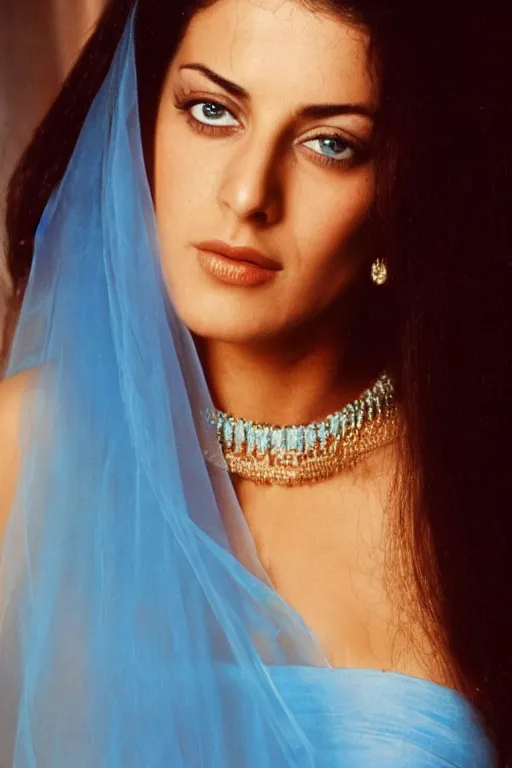 Prompt: young Monica Belluci as an Arab woman, tanned skintone, bright blue eyes, white veil, light blue dress portrait