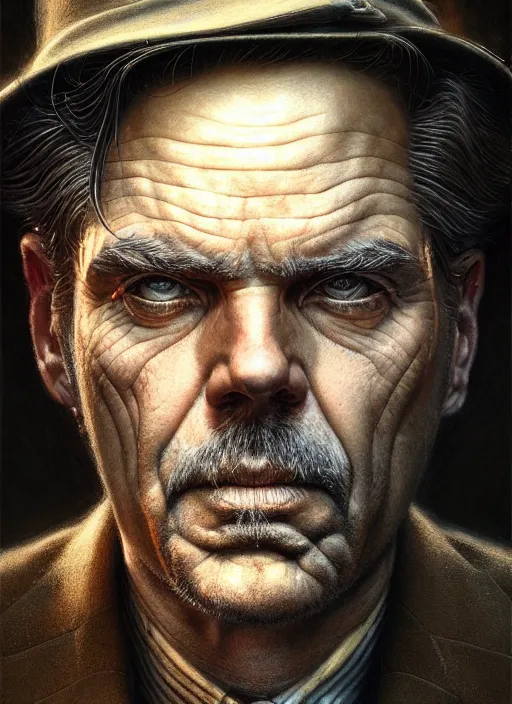 Image similar to closeup portrait shot of an aging detective in a scenic cyberpunk mystery environment, intricate, elegant, highly detailed, centered, digital painting, artstation, concept art, smooth, sharp focus, illustration, artgerm, tomasz alen kopera, peter mohrbacher, donato giancola, joseph christian leyendecker, wlop, boris vallejo