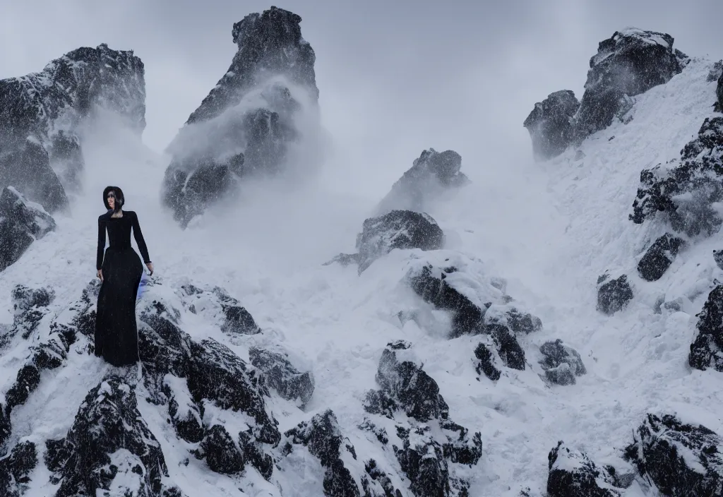 Image similar to fashion editorial in snow avalanche. gigantic snow storm mountain. wide angle shot. highly detailed. depth of field. high definition. 8k. photography.