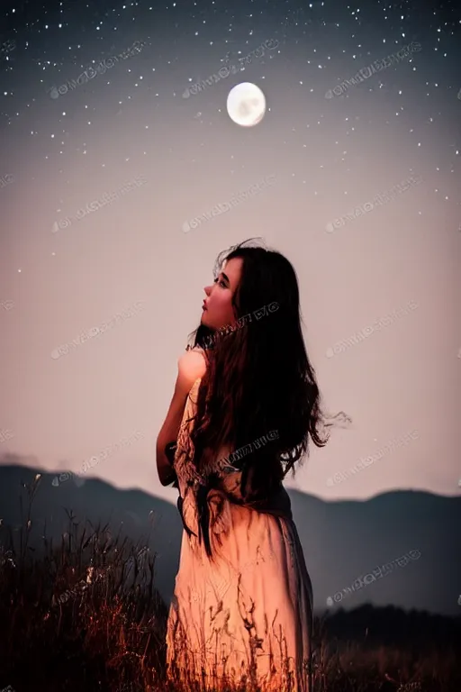 Prompt: the beauty girl standing under a full bright moon, in the evening, cosy environment, back to face, simple and fresh style, dark tones