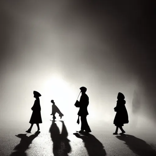 Prompt: people going to their office walking on wide side road,misty morning with long shadows,fan ho photography
