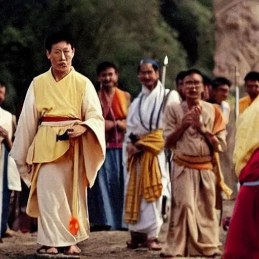 Prompt: Priest Tripitaka on a pilgrimage to India to fetch holy scriptures and save the world, Movie Still