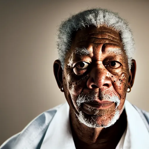 Image similar to a studio photograph of Morgan Freeman dressed as Travis Scott, 40mm lens, shallow depth of field, split lighting