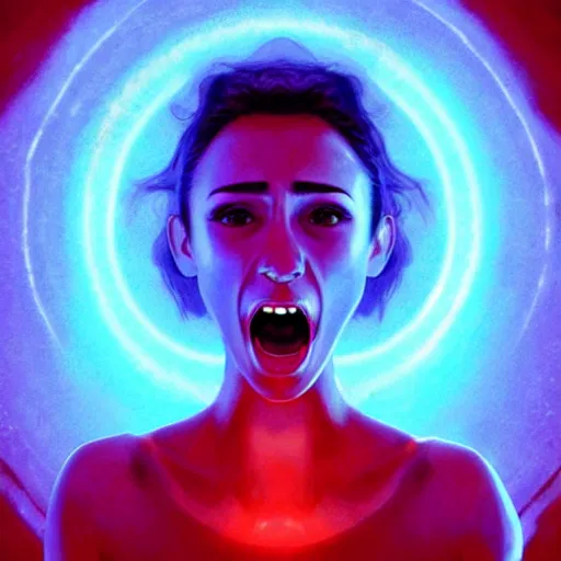 Image similar to beautiful Stella Maeve screaming in a red cave, blue lighting deep in the cave, symmetrical face symmetrical eyes, red hair, portrait, Charlie Bowater character art, no long neck, cinematic lighting