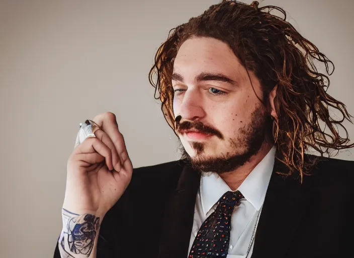 Image similar to dslr photo still of post malone as a stock broker, 8 k, 8 5 mm f 1 6