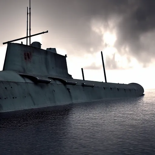 Image similar to 4 k render of a world war 2 german submarine underwater, cinematic, dramatic, dark ambience, deep sea