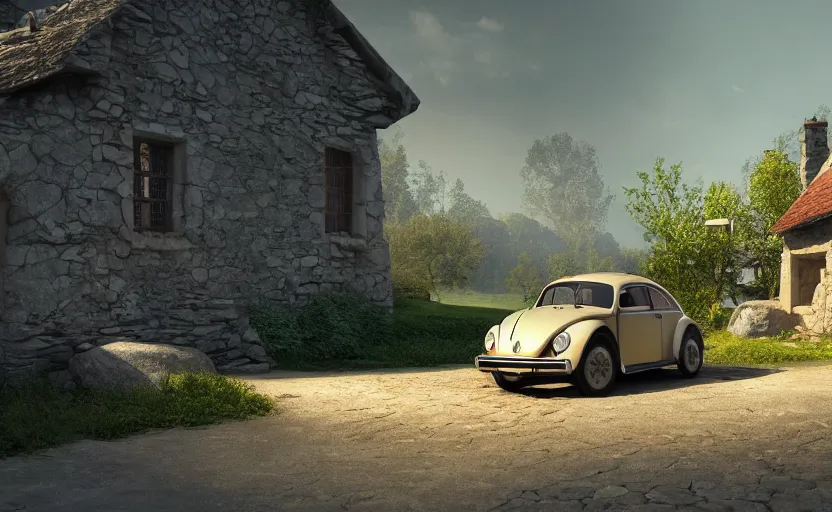 Image similar to a vw beetle parked near a small medieval stone house at sunrise, concept art, octane render, unreal engine 5, trending on artstation, high quality, 8 k, soft lighting, path traced, hyperrealistic, highly detailed, digital art, symmetrical, cinematic, high coherence, godrays