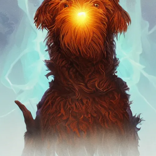 Prompt: cockapoo Dog, Anthropomorphized, casting epic spell, magic the gathering artwork, D&D, fantasy, cinematic lighting, centered, symmetrical, highly detailed, digital painting, artstation, concept art, smooth, sharp focus, illustration, volumetric lighting, epic Composition, 8k, art by Akihiko Yoshida and Greg Rutkowski and Craig Mullins, heroic pose, oil painting, cgsociety, magic lab background