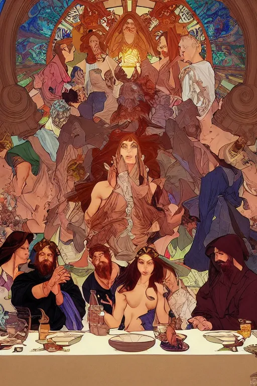 Image similar to the last supper, by artgerm and moebius and alphonse mucha, hyperdetailed, dc comics, explosions in the sky, trending on artstation