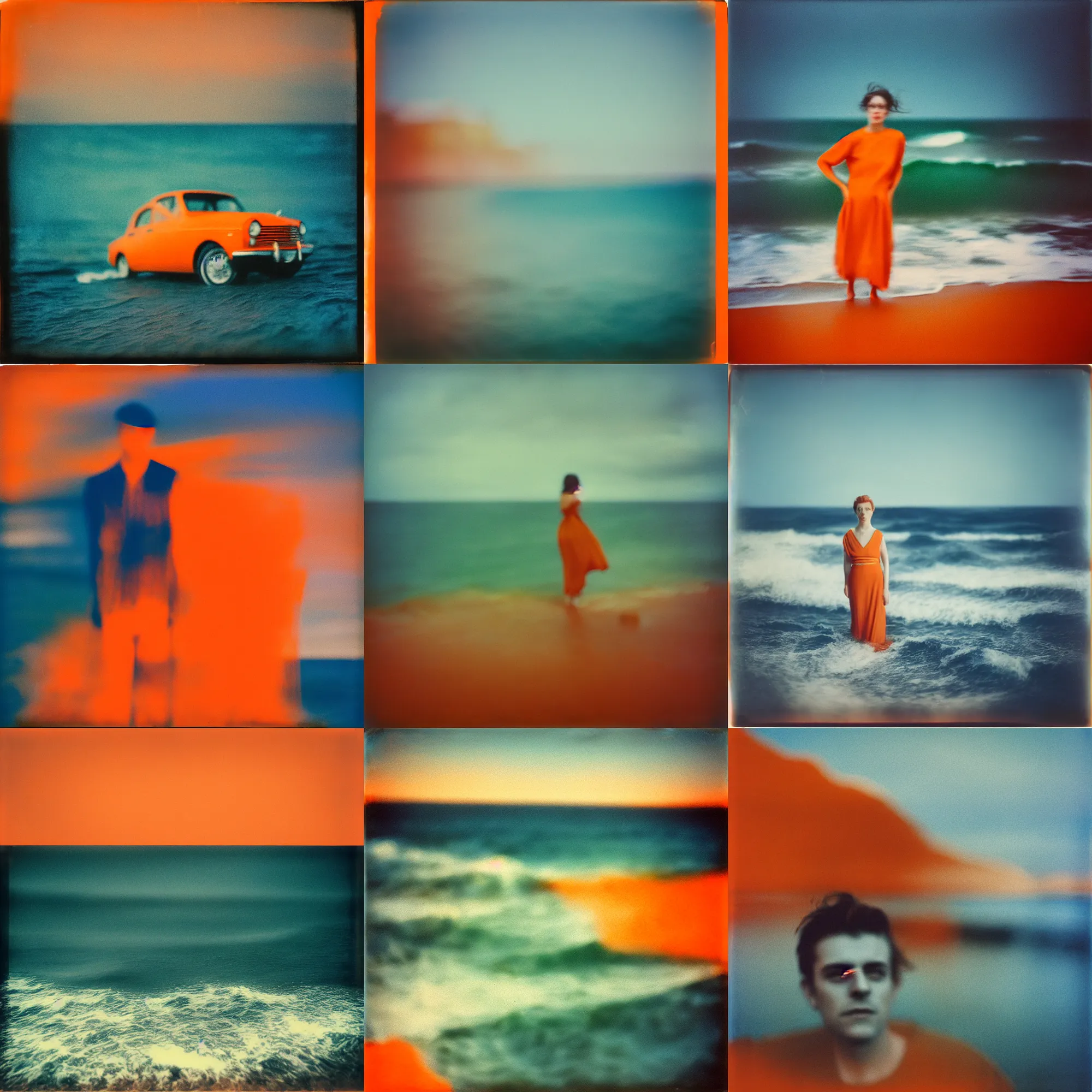 Prompt: kodak portra 4 0 0, wetplate, motion blur, portrait photo of a backdrop, at the sea, coloured in blueberra and orange, by britt marling, muted colours