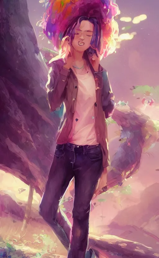 Image similar to a kawaii woman with rainbow hair, soft eyes and narrow chin, dainty figure, long hair straight down, kawaii shirt and jeans, In style of by Jordan Grimmer and greg rutkowski, concept art, highly detailed