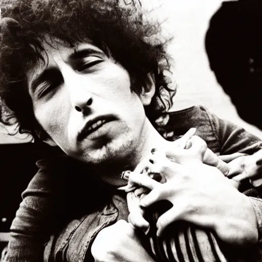 Prompt: bob dylan cradling belial from basket case like a baby, photograph, 1 9 6 5