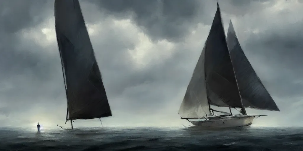 Image similar to sailboat with horizon and dark clouds, dramatic lighting, beautiful views, painterly concept art, joanna gaines, environmental concept art, farmhouse, magnolia, concept art illustration by ross tran, by james gurney, by craig mullins, by greg rutkowski trending on artstation