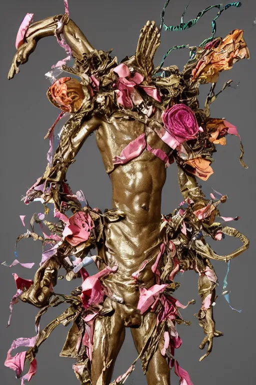 Prompt: a papercraft scene made entirely of pipecleaners and crumpled foil of Jean-Michel Basquiat as a full-body bronze baroque statue of Icarus in the posing like a bird for flight, crown of peach roses, flowing pink-colored silk, fabric, flowers. baroque elements, human skull. full-length view. baroque element. intricate artwork by caravaggio. many many birds birds on background. Trending on artstation, octane render, cinematic lighting from the right, hyper realism, octane render, 8k, depth of field, 3D