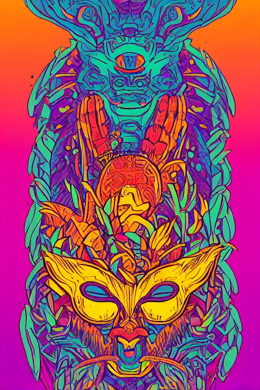 Image similar to animal mask totem roots flower tribal feather gemstone plant wood rock shaman vodoo video game vector cutout illustration vivid multicolor borderlands comics by josan gonzales and dan mumford radiating a glowing aura