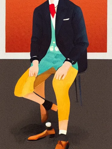 Image similar to water color painting, artwork by wes anderson, of a solo individual portrait of a guy waiting for his date to come, dapper, simple illustration, nostalgic, very realistic, full of details, trending on artstation