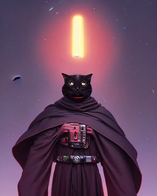 Prompt: highly detailed surreal vfx portrait of a sith cat with black robes, stephen bliss, unreal engine, greg rutkowski, loish, rhads, beeple, makoto shinkai and lois van baarle, ilya kuvshinov, rossdraws, tom bagshaw, alphonse mucha, global illumination, detailed and intricate environment