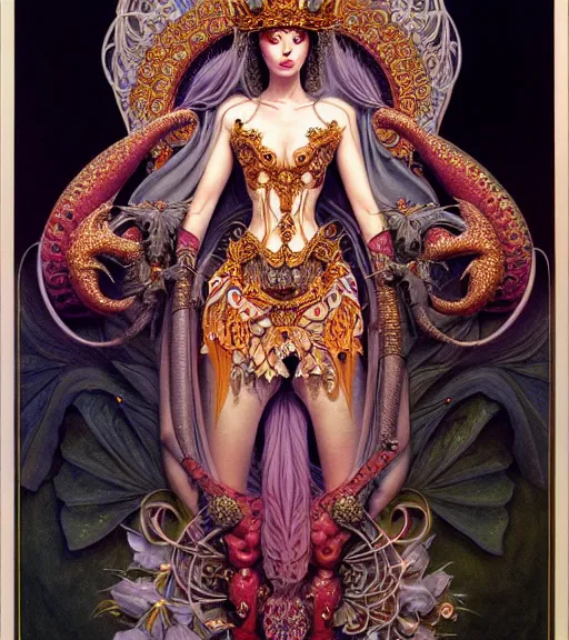 Image similar to symmetrical painting, a beautiful female queen in dress, pretty, detailed and intricate, perfect body shape, perfect face, hypermaximalist, elegant, ornate, luxury, elite, matte painting, cinematic lighting, james jean, brian froud, wayne barlowe