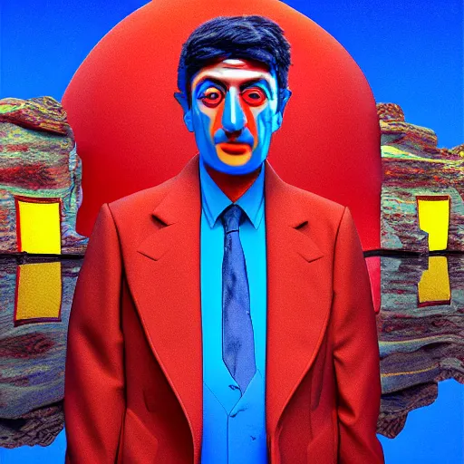 Image similar to ultra realistic portrait of turkish comedian cem yilmaz in a studio, ultra detailed, under blue, red and yellow cinematic lighting, salvador dali, cartoon, monument valley, escher