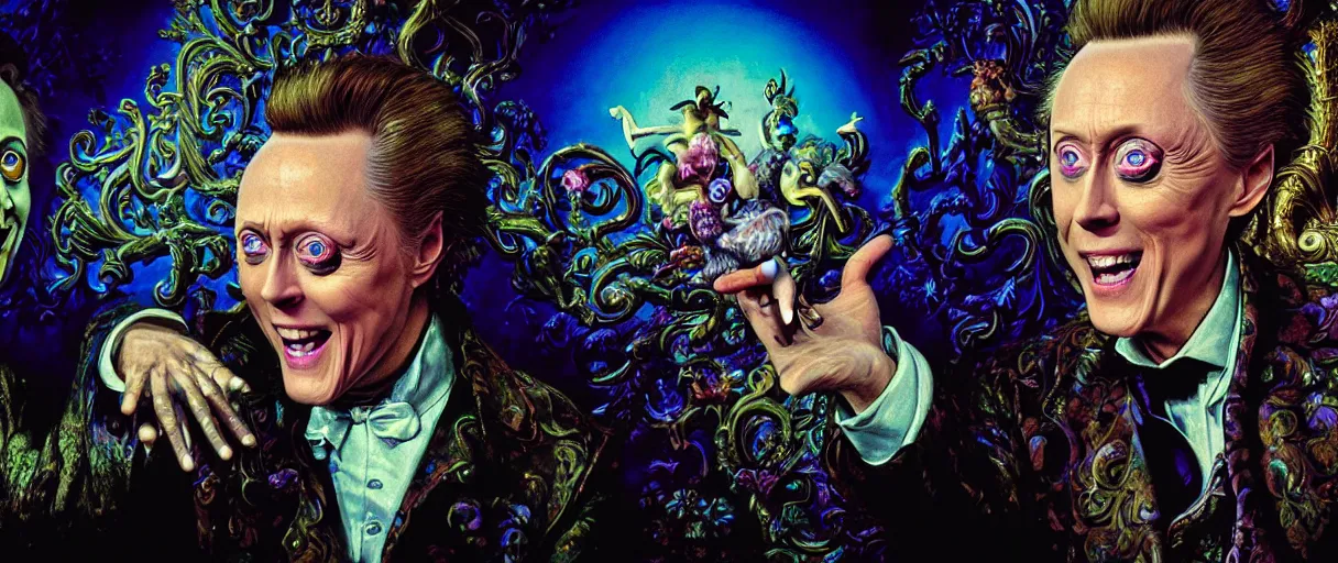 Image similar to neo-surrealist rococo close-up matte painting of old christopher walken pointing and laughing at me hannah yata very dramatic neon lighting 8k wide angle shallow depth of field