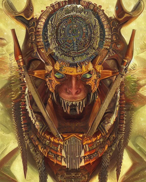 Prompt: digital painting of an aztec nagual by filipe pagliuso and justin gerard, symmetric, fantasy, detailed, intricate, sharp focus, tarot card, gwent