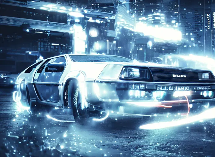 Image similar to a cyberpunk delorean breaking the space - time continuum, energy and time particles, dramatic framing, movie footage, 8 k