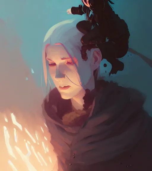 Prompt: portrait of a necromancer by atey ghailan, by greg rutkowski, by greg tocchini, by james gilleard, by joe fenton, by kaethe butcher, dynamic lighting, gradient light blue, brown, blonde cream and white color scheme, grunge aesthetic