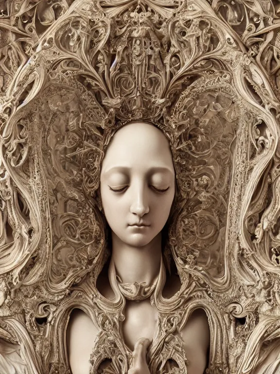 Image similar to a beautiful render of baroque catholic veiled Virgin sculpture with symmetry intricate detailed,by Nekro and peter gric and aaron horkey and Billelis,Trending on artstation,ZBrush,fractalism,maximalism,glittering,Ligne Claire,gold,ivory,copper verdigris,hyperreal