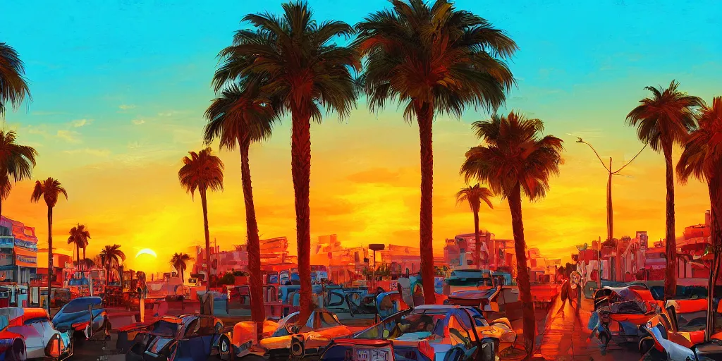 Prompt: sunset over the streets of tel aviv. colorful. highly detailed. palm trees. dogs. 8 k. artstation trending. concept art. digital painting