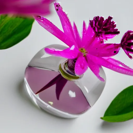 Prompt: perfume bottle sitting on a white surface surrounded by a plethora of deep - pink dew - drop flowers, bright white realistic, up close shot, white background, zen, light, modern minimalist f 2 0