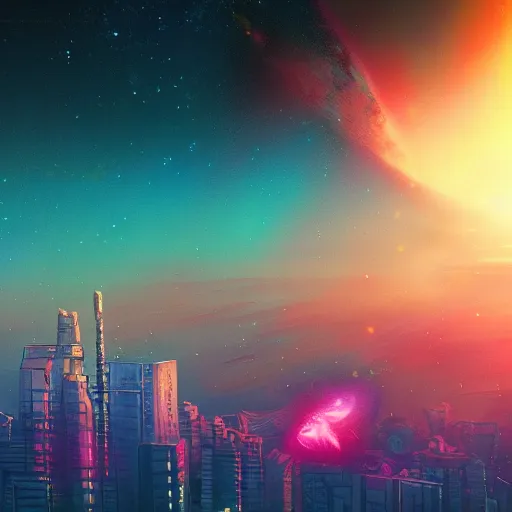 Image similar to comet over city, night sky, synthwave, trending on artstation