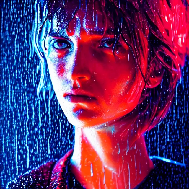 Image similar to bright asthetic portrait LSD glowing backlit rain on face and wet hair, cyberpunk, overhead lighting, fantasy, intricate, elegant, dramatic lighting, highly detailed, lifelike, photorealistic, digital painting, artstation, illustration, concept art, smooth, sharp focus, art by John Collier and Albert Aublet and Krenz Cushart and Artem Demura and Alphonse Mucha
