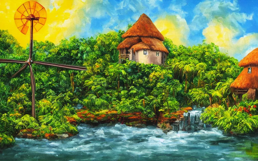 Prompt: an island with a cozy cottage, tropical forest, river, waterfall, windmill, garden courtyard, sunset, puffy clouds, oil impasto painting