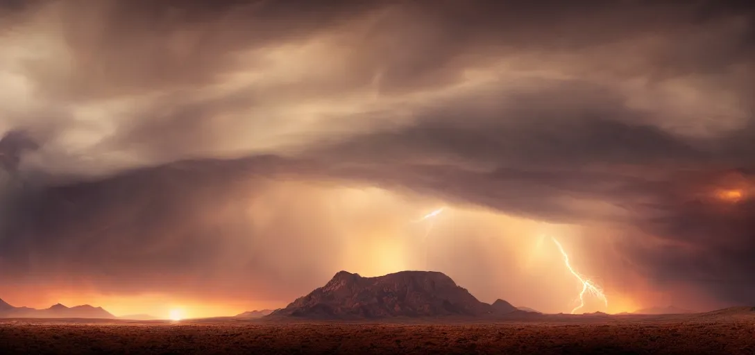 Image similar to a beautiful picture of a dark distant thundercloud lit from below in a desert, intricate detail, impending doom, sunset, serene, volumetric lighting, volumetric clouds, 8 k, hyperrealistic, digital art trending on artstation