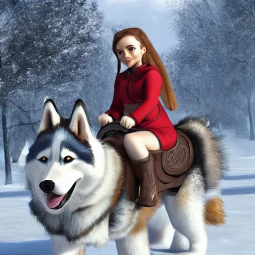 Prompt: girl riding a giant husky in the park, trending on artstation