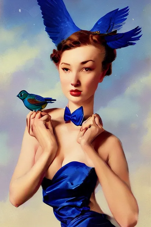 Image similar to hyper realistic painting, tasteful pinup girl holding an indigo bunting, bird, the bird is wearing a bowtie, by greg rutkowski, rossdraws, gil elvgren, enoch bolles, anime, porcelain skin, very coherent