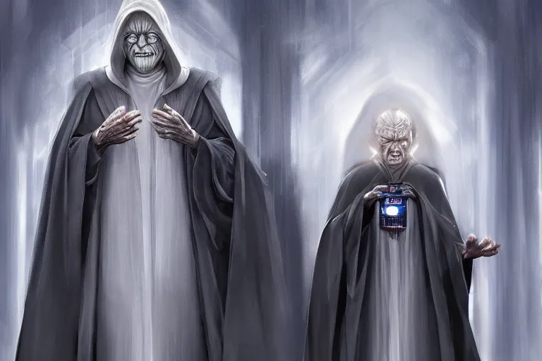 Image similar to emperor palpatine in robes, high detail, digital painting, clear focus, concept art,