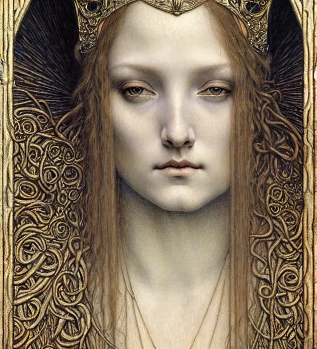 Image similar to detailed realistic beautiful young medieval queen face portrait by jean delville, gustave dore and marco mazzoni, art nouveau, symbolist, visionary, gothic, pre - raphaelite. horizontal symmetry