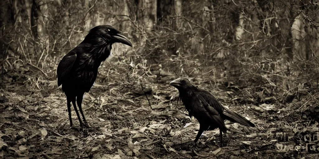 Image similar to mixture between an!! crow and! wolf, photograph captured in a dark forest