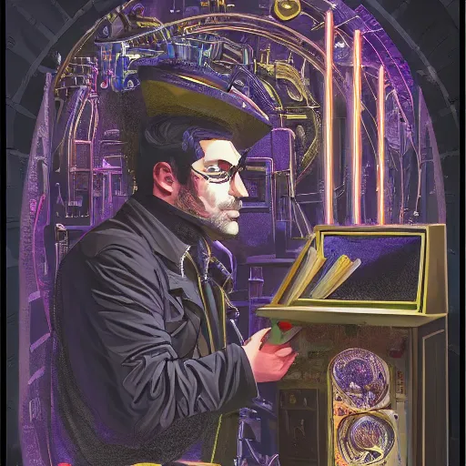 Image similar to a aesthetic portrait of a magician working on ancient machines to do magic, concept art