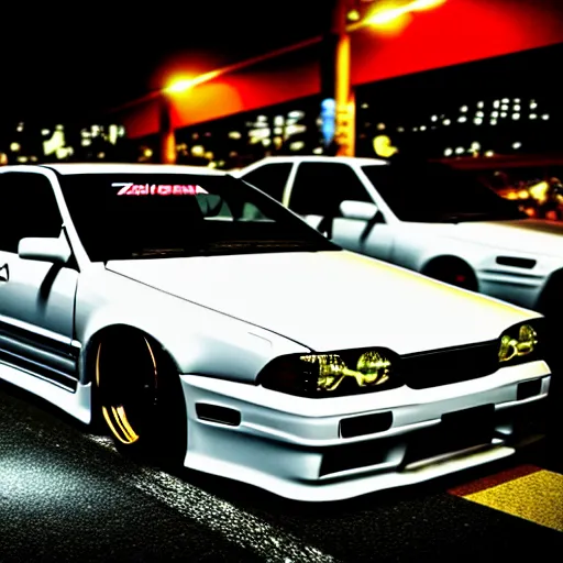 Image similar to a car JZX100 twin turbo drift at illegal car meet, Shibuya prefecture, city midnight mist lights, cinematic lighting, photorealistic, highly detailed wheels, high detail