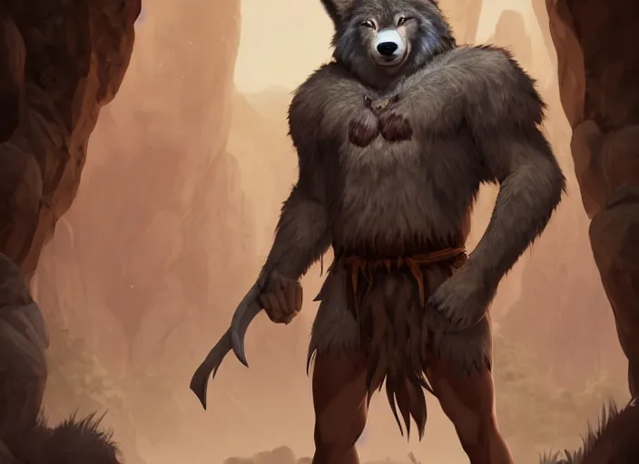 Prompt: burly tough character feature portrait of the anthro male anthropomorphic wolf fursona animal person wearing tribal primitive caveman loincloth outfit full wolf fur body standing in the entrance to the cave, perfect framed character design stylized by charlie bowater, ross tran, artgerm, makoto shinkai, detailed, soft lighting, rendered in octane masterpiece
