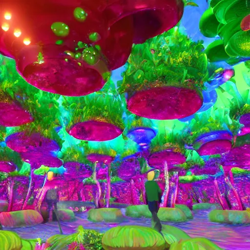 Prompt: jello Mushrooms covering the inside of prismatic jungle, fairy dust in the air, unreal engine