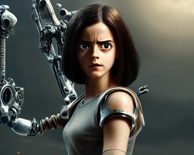 Image similar to a film still from battle angel alita played by actress emma watson, portrait, cinematic lighting, photorealistic, hyperrealistic, highly detailed, photorealistic, high resolution, 4 k