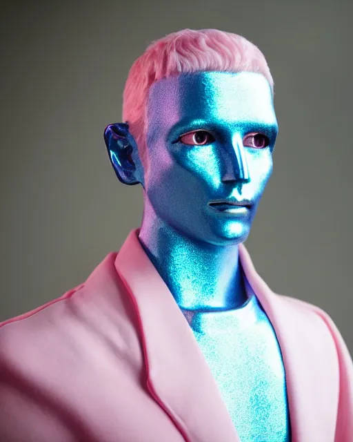 Image similar to natural light, soft focus portrait of a male android with soft synthetic pink skin, blue bioluminescent plastics, smooth shiny metal, elaborate ornate head piece, piercings, venetian mask, skin textures, by annie liebovotz,