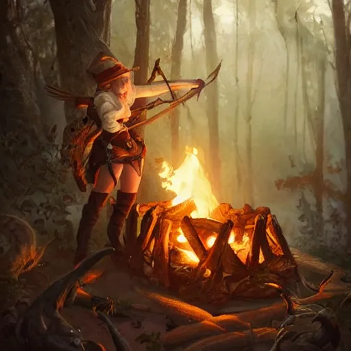Prompt: An female elf ranger cooking a giant rat over a campfire, D&D, fantasy, intricate, highly detailed, oil painting, artstation, Greg Rutkowski, Artgerm, Alphonse Mucha, WLOP