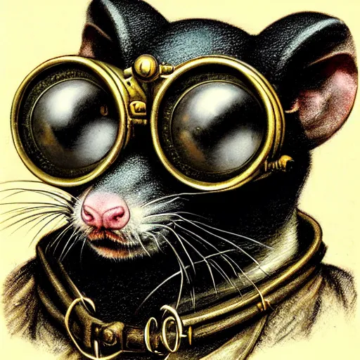 Image similar to a rat with steampunk googles, by James Gurney