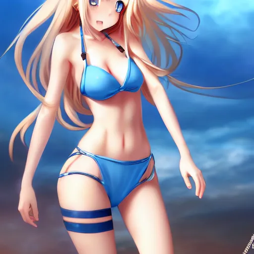 Prompt: a very beautiful young anime giantess from below, full body, long wavy blond hair, sky blue eyes, full round face, evil grin, bikini, miniskirt, front view, mid - shot, highly detailed, cinematic wallpaper by stanley artgerm lau