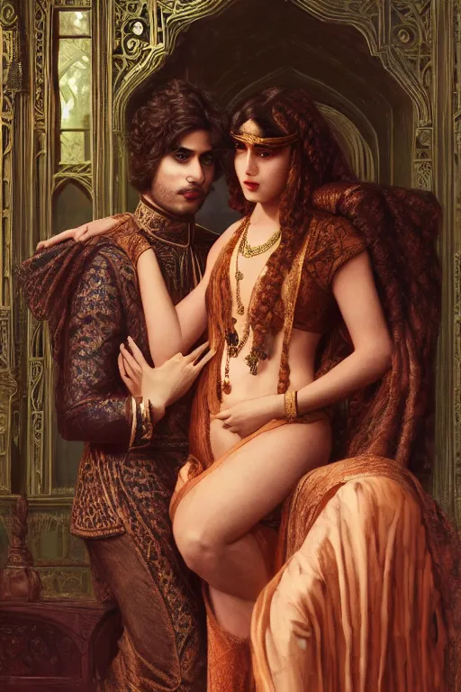 Image similar to a portrait of handsome young male indo-persian Satan and his elegant beautiful indo-persian wife, bored, illustration, dramatic lighting, soft details, painting oil on canvas, art nouveau, octane render, HDR, 4k, 8k, HD, by Edmund Blair Leighton, Brom, Charlie Bowater, trending on artstation, faces by Tom Bagshaw, Sargent